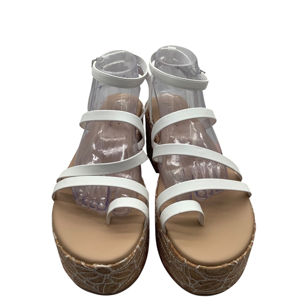 Wild Pair Ottye White Linen Strappy Cork Platform Wedge Sandals Floral Womens 11
